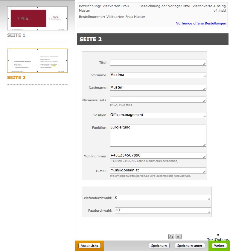 web2print editierformular Screenshot