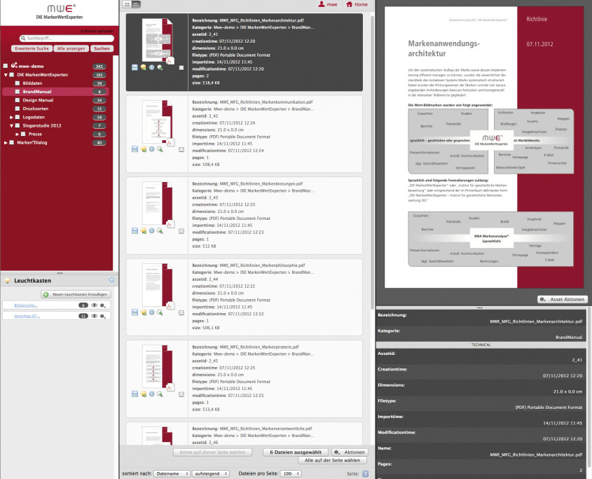 Mediaassetmanagement Listenddarstellung mit Dateiinfo